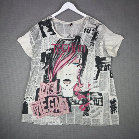 MXM Techno Y2K Newspaper Print Womens Tee - Picture 1 of 6